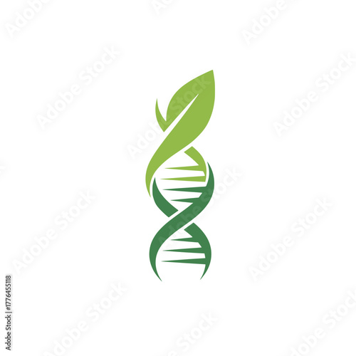 Stylized green DNA double helix intertwined with a vibrant leaf, representing natural health, organic science, botanical genetics, and sustainable biotechnology concepts