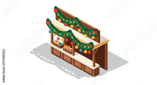 Festive christmas market stall with garland and gifts in isometric design