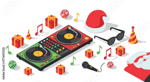 Festive dj setup with christmas gifts and musical elements in isometric style