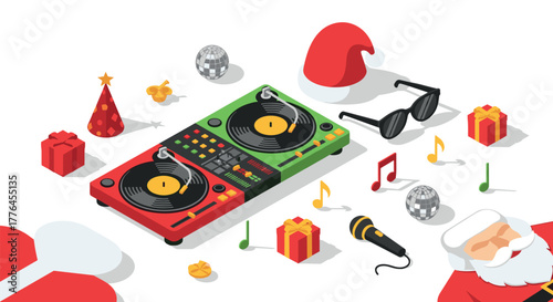Festive dj setup with santa elements in isometric holiday design