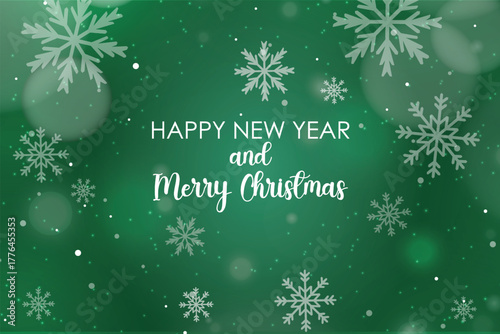 Happy New Year and Merry Christmas Green Snowflake Background