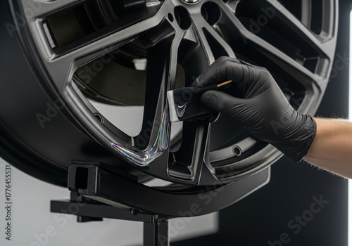 Applying a ceramic coating to a black alloy car wheel for protection and shine in a workshop