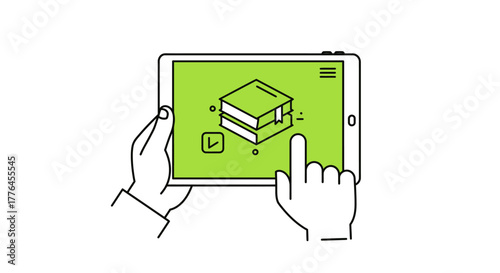 Hands hold a digital tablet displaying an educational book icon, illustrating modern e-learning, online knowledge access, and interactive digital content consumption.