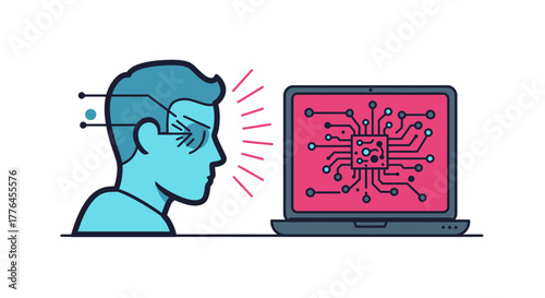 A sleek illustration shows a human mind engaging with a laptop's digital interface, highlighting the intricate connection between human intelligence and advanced computing systems.