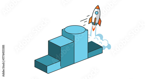 A stylized rocket launches from a three-tiered blue podium, vividly illustrating concepts of successful business growth, startup innovation, and achieving peak performance.