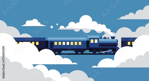 Blue Train Journey Through Clouds Illustration.