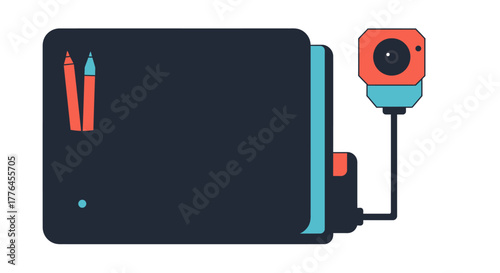 A vibrant flat design illustration showcases a dark graphic tablet with two styluses and a connected action camera, representing digital content creation and modern technology.