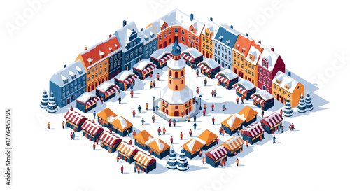 Winter market wonderland in isometric european town square