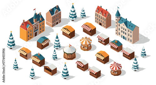 Festive isometric christmas market with decorated stalls and snowy trees