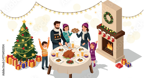 Cozy family christmas dinner scene with festive decorations and cheerful celebration