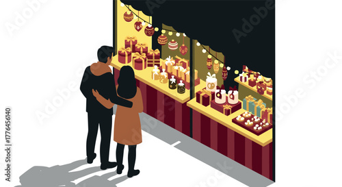 Couple enjoying a festive christmas market display with gifts and decorations
