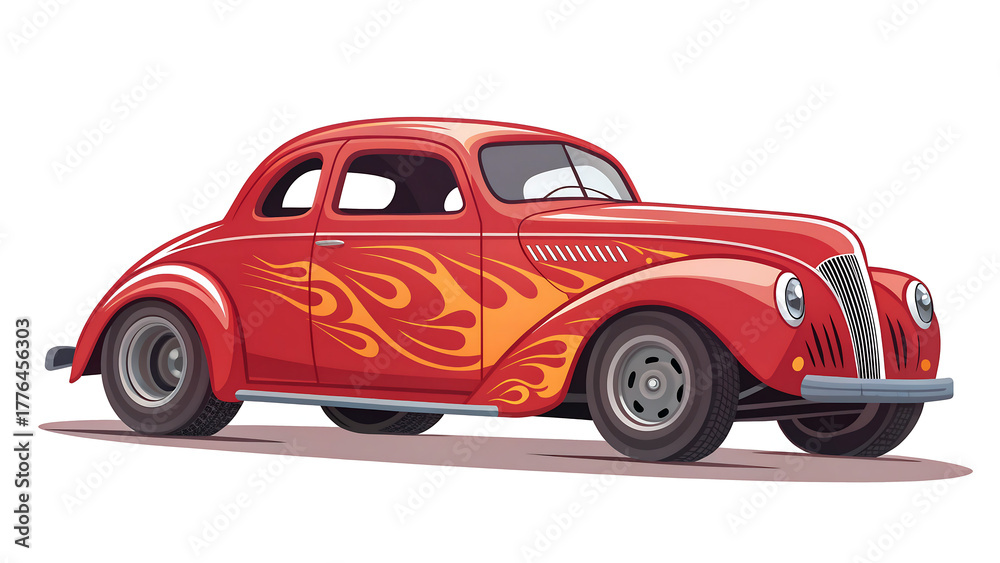 Fototapeta premium red racing car, 2D cartoon illustration of a hot rod car with flames painted on the sides, fast and classic, white background