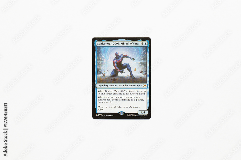 Naklejka premium Bradford, UK Nov 3 2025 Spider-man 2099 Miguel O'Hara magic the gathering card shot isolated on a white paper background.