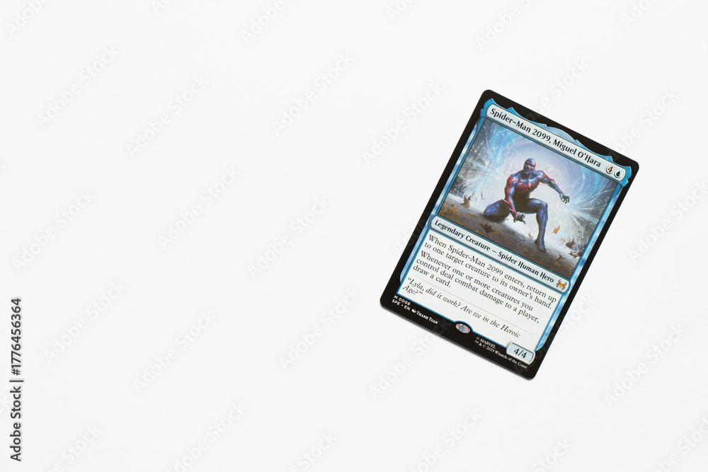 Obraz premium Bradford, UK Nov 3 2025 Spider-man 2099 Miguel O'Hara magic the gathering card shot isolated on a white paper background.