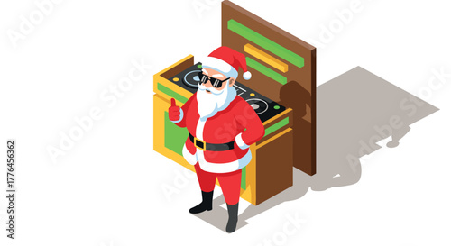 Cool santa dj spinning tracks on turntables for a festive party