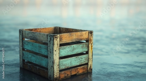 Weathered wooden crate with traces of blue paint standing alone on a wet surface
