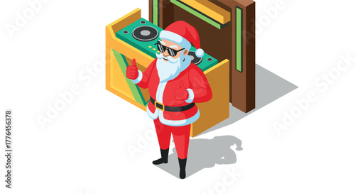Festive santa claus dj with turntables in stylish isometric design