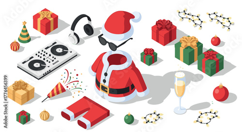 Festive santa party with gifts and dj setup in isometric style