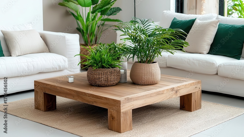 Fototapeta premium Cozy wooden living room with a rustic coffee table, warm beige tones, and greenery accents