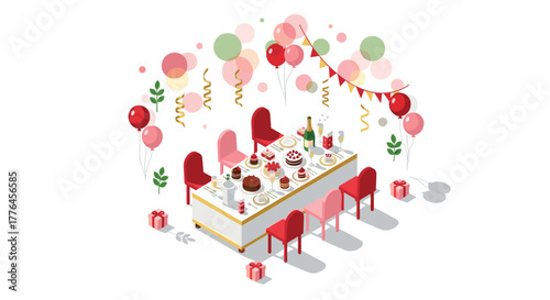 Festive celebration with decorated table and balloons in isometric style