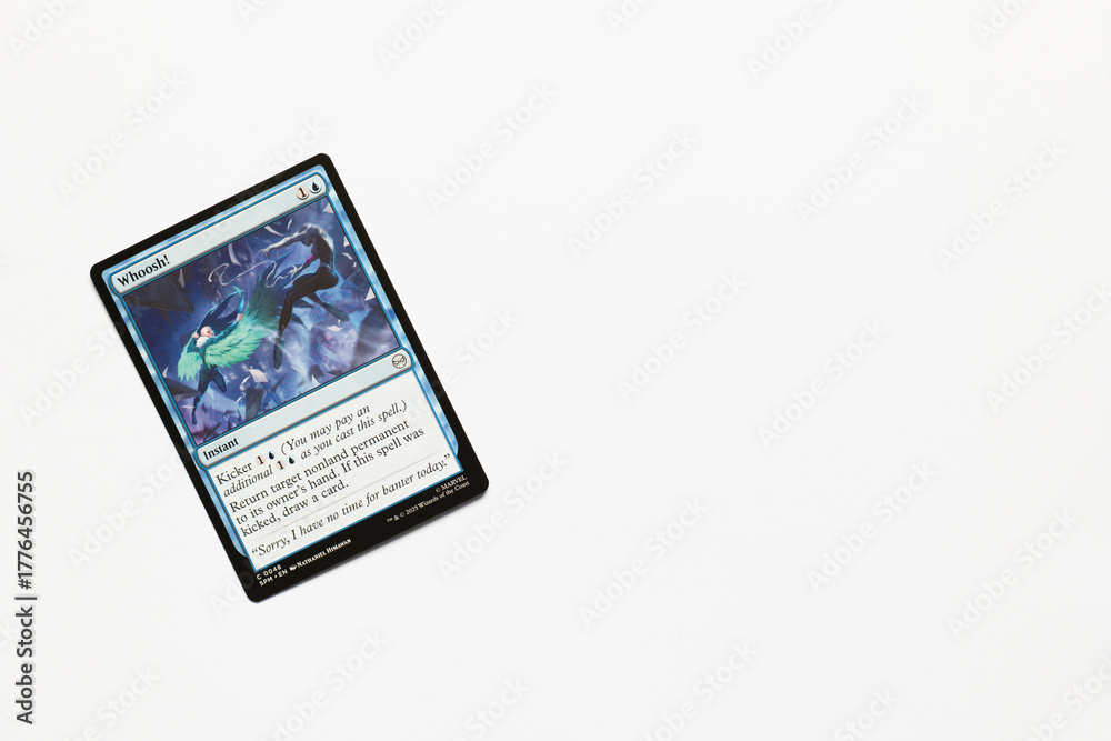 Obraz premium Bradford, UK Nov 3 2025 Whoosh! card from the Spider-man magic the gathering card game shot isolated on a white paper background.