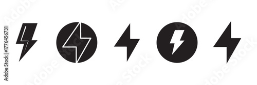 Lightning layered, power circle bolt, thick energy flash, solid thunder icon set, electricity vector illustration, minimal black outline symbol.