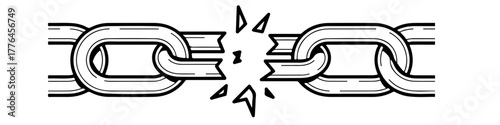 A strong metal chain with a broken link in the center, symbolizing freedom, escape, or a broken connection. Monochrome illustration icon. Conceptual graphic for liberation.