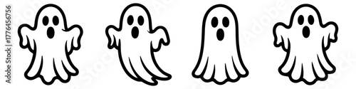 A set of four friendly and cute cartoon ghosts. Spooky and fun characters for Halloween decorations, party invitations, or children's designs. Simple black and white icons.