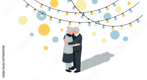 Elderly couple embracing outdoors under string lights with colorful circles