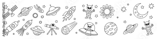 A collection of cute outer space doodles, including planets, rockets, aliens, and stars. Fun hand drawn style elements for children's books, stickers, or educational materials.