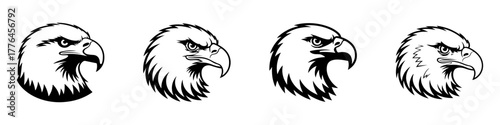 A set of powerful eagle head mascots. Black and white graphic illustrations of a majestic bird of prey, symbolizing freedom, power, and strength. Perfect for logos or emblems.