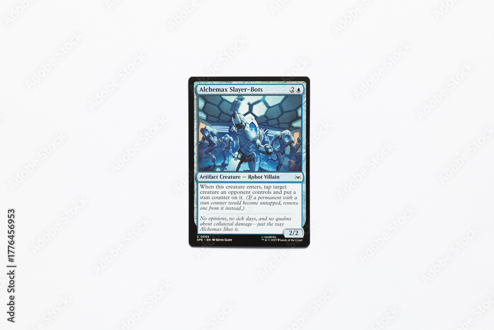 Naklejka premium Bradford, UK Nov 3 2025 Alchemax Slayer-Bots card from the Spider-man magic the gathering card game shot isolated on a white paper background.