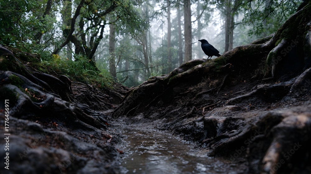 Obraz premium A solitary black bird perches on exposed tangled tree roots winding through a misty damp forest path