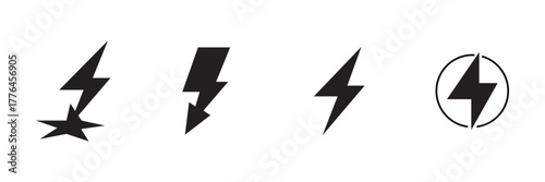 Lightning star, electric arrow, energy bolt, power circle icon set, electric flash vector illustration, minimal voltage force symbol art.