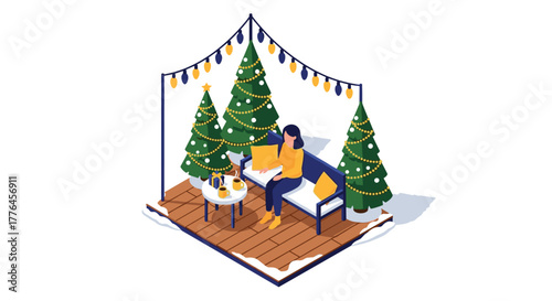Cozy festive winter scene with christmas trees and seating area in isometric design