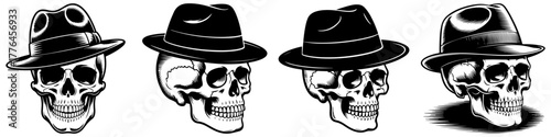 Collection of human skulls wearing classic fedora hats. Gangster or detective noir style concept. Monochrome illustration set for tattoo, t-shirt prints, or logos.