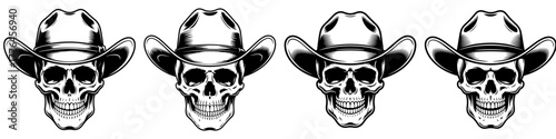 A collection of four skulls wearing cowboy hats, representing a western or wild west theme. Monochrome illustrations for logos, t-shirts, or posters. Dead outlaw concept.