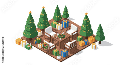Isometric christmas patio with decorated trees and gifts
