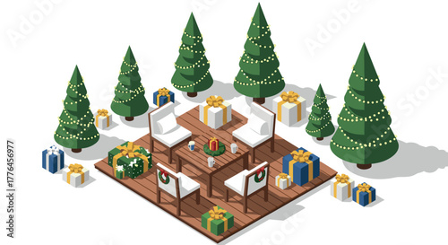 Festive outdoor dining with christmas trees and gifts in isometric style