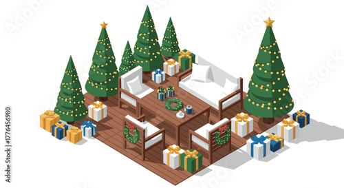 Cozy christmas seating area with festive decorations and gifts in isometric style