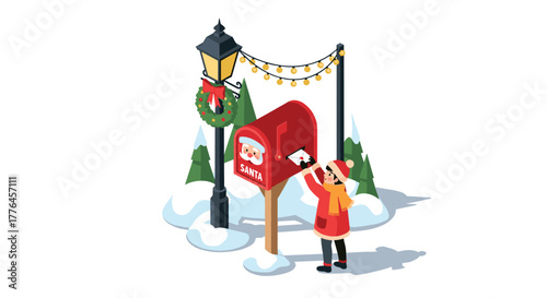 Festive christmas scene with child mailing letter to santa in winter wonderland
