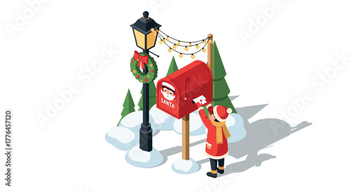 Child sending santa letter at festive mailbox in snowy holiday scene