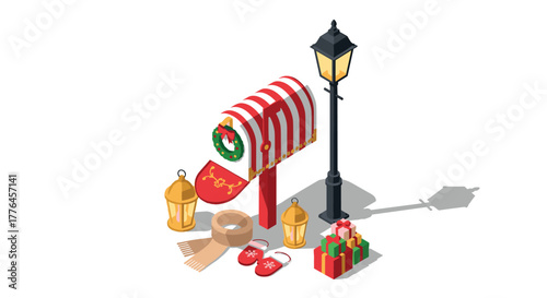Festive christmas mailbox scene with gifts and lanterns in isometric style
