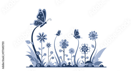 Butterflies and flowers in a beautiful garden scene with vibrant colors.