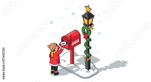 Child posting letter to santa in winter scene with festive decorations