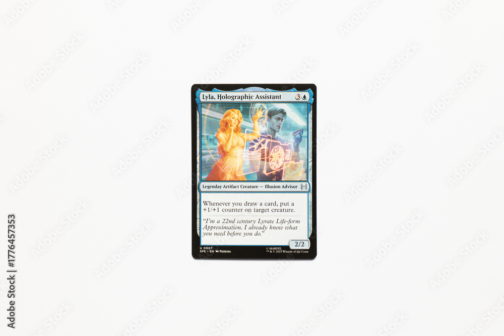 Obraz premium Bradford, UK Nov 3 2025 Lyla, Holographic Assistant card from the Spider-man magic the gathering card shot isolated on a white paper background.