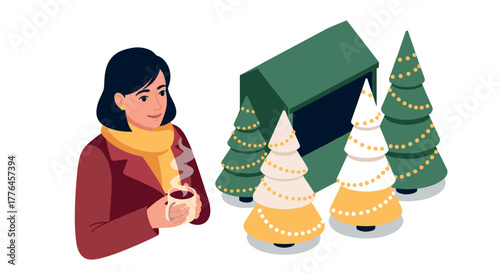 Woman enjoying hot drink at christmas market with festive trees
