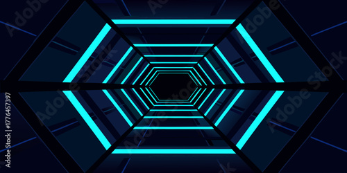Abstract futuristic hexagonal tunnel with glowing cyan lights receding into darkness