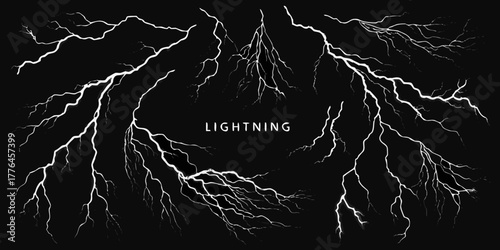Collection of white lightning bolts against a dark black background with the word lightning