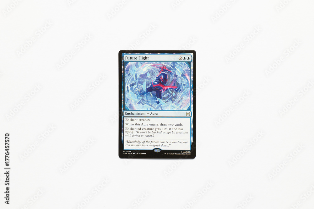 Obraz premium Bradford, UK Nov 3 2025 Future Light card from Spider-man magic the gathering card game shot isolated on a white paper background.